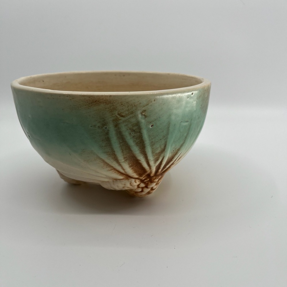 Vintage 1945 McCoy Rustic Pinecone Footed Ceramic Bowl Jardiniere Turquoise - Picture 10 of 12